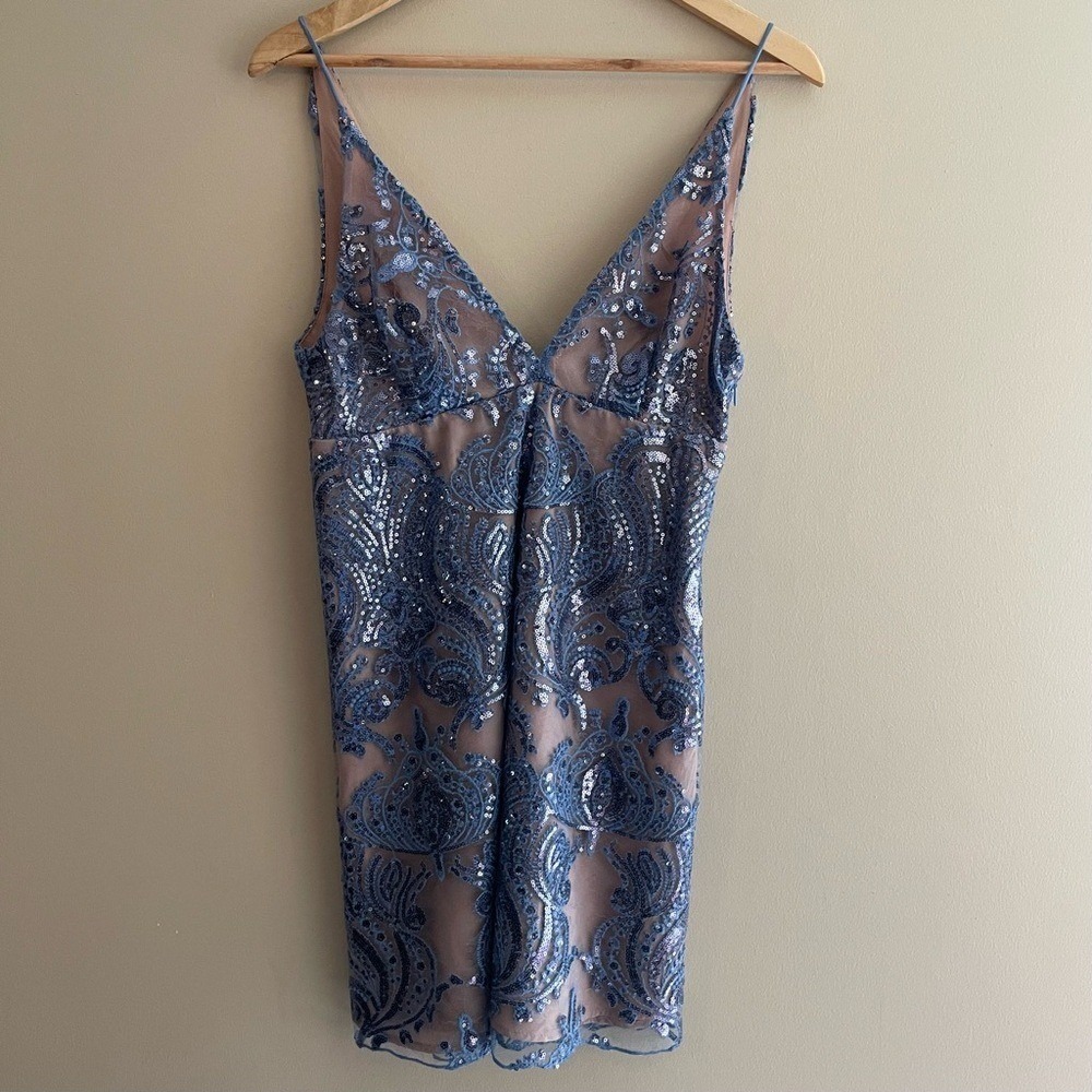 FREE PEOPLE Blue And Beige Sequinned Night Shimmers Mini Dress Women's Size 2